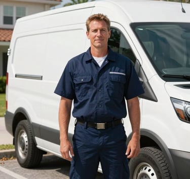 A professional plumbing expert in a dark navy blue uniform standing proudly in front of a white service van in a sunny North American / US - Florida neighborhood, bright and reassuring atmosphere, high-quality photography.