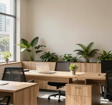 A minimalist Scandinavian-style office in North American / Mexican city, featuring light wood furniture, forest green plants, and parchment-colored walls, clean lines, professional atmosphere, daylight.