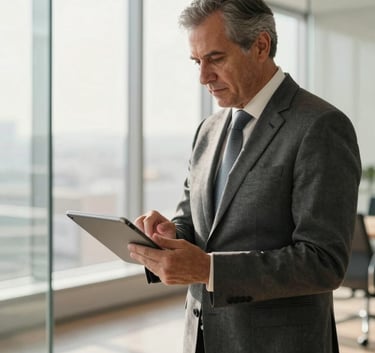 A professional North American / Mexican senior executive in a modern, light-filled office with glass walls, wearing a charcoal suit, looking at a tablet, world-class corporate setting, soft morning light, tobacco and parchment color tones.