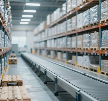 Interior of a state-of-the-art, high-efficiency warehouse with automated conveyor belts and neatly organized pallets. The lighting is crisp and cool, using tones of #AABCCF and #F5F8FA. The perspective creates a sense of depth and immense scale.