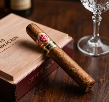 Close-up shot of a luxury cigar box and a crystal wine glass on a dark mahogany table, soft golden lighting, South American professional setting.
