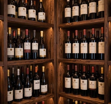 Photography of a sophisticated wine cellar in Brazil with warm ambient lighting, elegant bottles on dark wood shelves, reflecting a premium South American atmosphere.