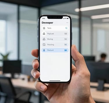 A professional mobile developer in a sleek North American / US office environment, holding a high-end smartphone showing a clean interface. The background is a mix of glass and steel with Dark Navy accents.
