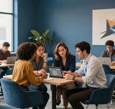 A diverse team of professionals in a bright, airy North American / US co-working space collaborating over a tablet. The space is decorated with Alice Blue walls and modern Steel Blue furniture.
