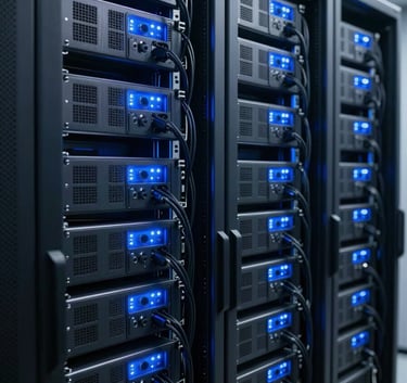 A high-tech server room with glowing sky blue lights on server towers, organized deep charcoal black cables, clean and professional atmosphere.