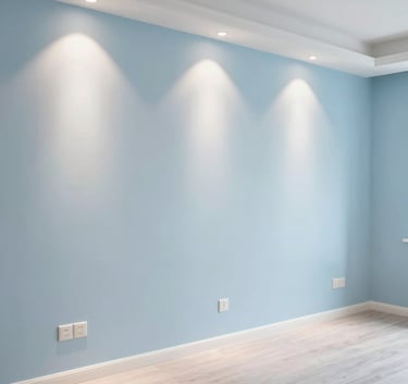 A wide shot of a modern, well-lit Middle Eastern / Turkish living room showing clean electrical installations and recessed lighting, pale ice blue and soft sky blue color palette.