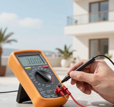 Close-up of a professional electrical multimeter testing a circuit in a modern Middle Eastern / Turkish home, bright natural light, featuring soft sky blue and pale ice blue colors.