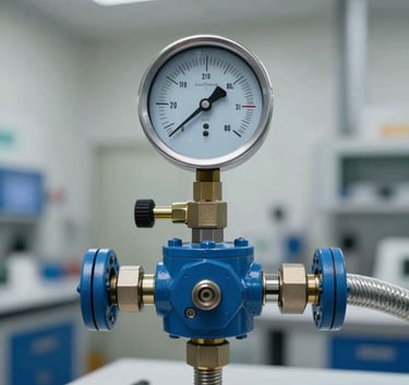 A detailed close-up of a hydraulic pressure gauge and a reinforced industrial hose. The colors are dominated by steel blue and silver. Photographed in a clean, professional lab environment in Jerusalem, Middle Eastern / Israeli context.