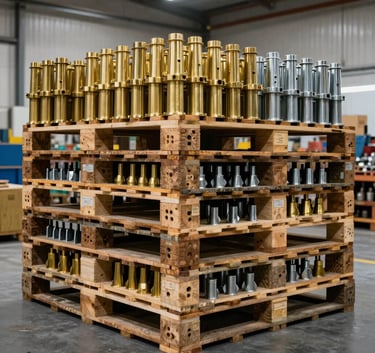 A pallet of neatly organized brass and steel industrial fittings inside a modern warehouse in Jerusalem. High contrast lighting, emphasizing precision engineering and Middle Eastern / Israeli logistical expertise.