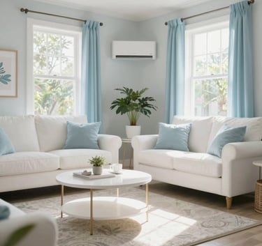 A bright, sun-filled living room in Orlando, Florida, with pristine white furniture and soft blue accents, emphasizing exceptional air quality and a healthy environment.