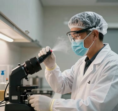 A professional environmental technician wearing safety gear and a mask, performing an air quality test in a clean modern kitchen in North American / US (Florida).