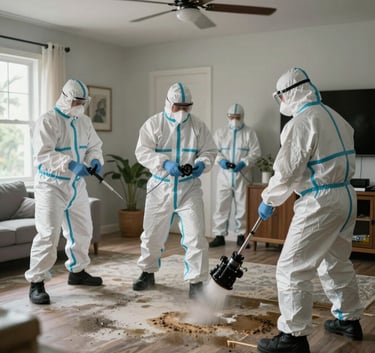 A professional North American emergency response team in white protective hazmat suits and masks performing rapid mold remediation inside a modern Florida home, cinematic lighting, sense of urgency.