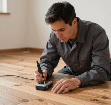 A professional mold inspection technician in a dark gray uniform using a high-tech digital moisture detector on a wooden floor in a North American household, focused lighting, professional tone.