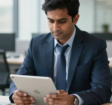 A South Asian professional in business attire calmly reviewing financial documents on a tablet in a well-lit, contemporary office. The composition is a medium shot with a shallow depth of field, using a palette of light blue and dark navy to signify authority and expertise.