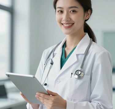 A professional female doctor smiling warmly, wearing a white lab coat and a stethoscope, holding a digital tablet. Clean, modern medical clinic background with soft natural lighting. Incorporates brand colors #0A362B and #F8F6F0.