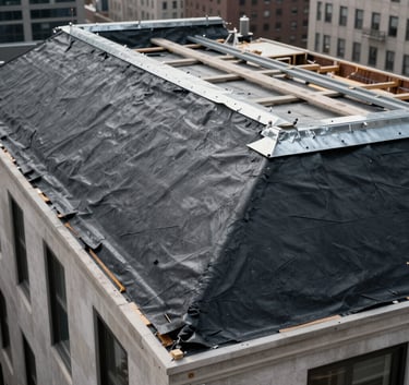 Photography of a high-grade roofing restoration project in progress on a luxury NYC residential building, showcasing thick charcoal protective layers and steel gray flashing, architectural focus.