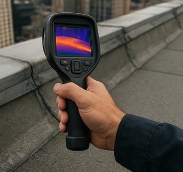 Close-up of a professional roof inspector's hand holding a high-tech thermal imaging camera pointing at a structural roof seam on a high-rise building in North American NYC, premium construction-grade aesthetic.