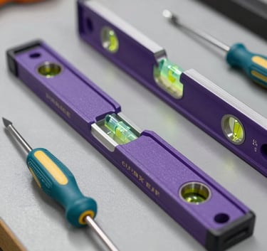 A high-quality image of a neatly organized set of professional tools on a grey #F5F8FA workbench. A purple #6A5B73 level and a teal #2A9D8F handled screwdriver are prominent. The lighting is bright and industrial, emphasizing efficiency and precision.