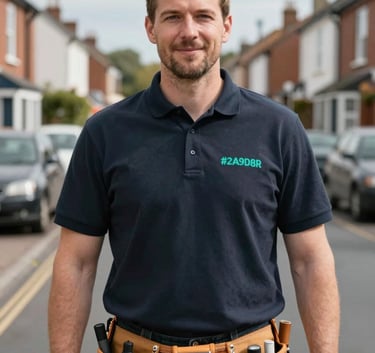 A professional portrait of a handyman in Wrexham, standing confidently with a tool belt. He is wearing a dark polo shirt with a subtle teal #2A9D8F logo. The background is a blurred residential street in Wrexham during a bright, clear day. The mood is approachable and trustworthy.