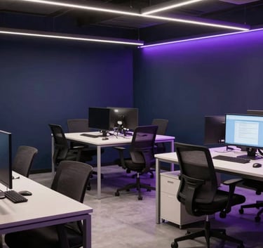 A high-end, professionally lit interior of a South Asian Indian technology hub featuring minimalist desks, ergonomic chairs, and subtle purple neon accents against dark navy walls.