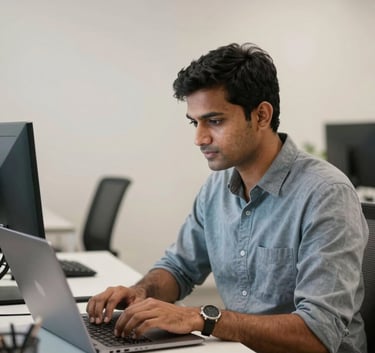 A professional software developer in a South Asian Indian workplace looking focused while working on a thin bezel laptop. The workspace is bright with off-white walls and sleek modern furniture.