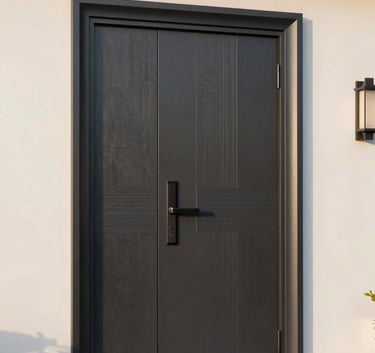 Modern steel door at a luxury residence, soft pearl white walls, dark slate charcoal door finish, clean lines, sunset lighting.