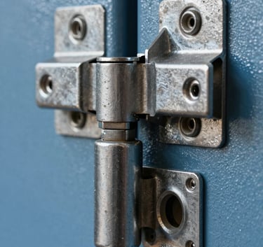 Close-up of a heavy steel door hinge and lock mechanism, steel blue metallic finish, professional studio lighting highlighting the texture of the metal.