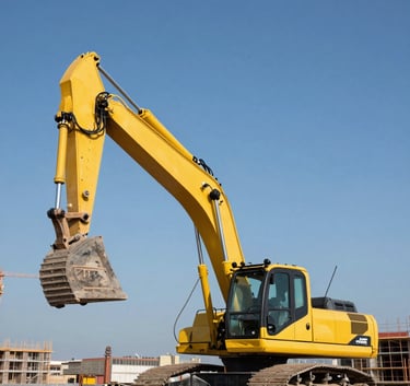 A premium low-angle shot of a sleek, modern construction project in Turkey under a clear blue sky, featuring heavy machinery in vibrant yellow, minimalist composition, professional photography style.