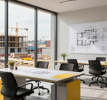 Interior view of a modern construction planning office in Turkey with minimalist furniture, large windows, and architectural blueprints, reflecting a premium tech-brand aesthetic with vibrant yellow accents.