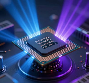 A close-up photograph of a futuristic processor chip being illuminated by neon blue and purple light beams in a dark, sophisticated technology lab in North America / US.