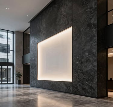 A wide-angle shot of a minimalist, luxury office lobby in a US metropolitan city with clean lines, dark stone textures, and a subtle glowing digital art installation.