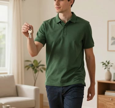 A professional house steward in a matte forest green polo shirt walking through a bright, airy living room with crisp parchment walls, holding a set of keys with a calm, reliable expression. Warm, natural lighting.