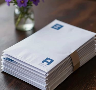 A close-up photograph of a neat stack of mail and a small package on a clean, dark wood table, with a small vase of purple verbena flowers in the background. High-quality professional photography with soft focus.