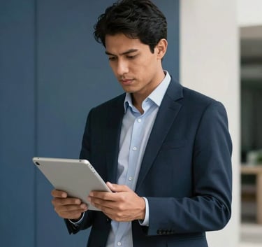 A confident professional in a modern South American / Brazilian corporate environment, looking at a tablet with a background of deep charcoal blue and soft off-white architecture.