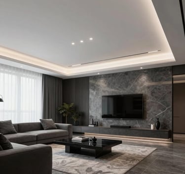 A luxury living room in Ankara featuring a minimalist white suspended ceiling with recessed LED lighting, modern Middle Eastern interior style, charcoal and slate gray accents.