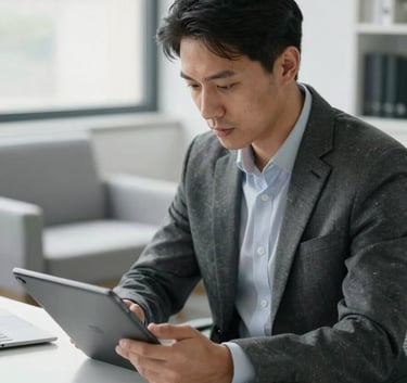 A focused IT consultant in professional attire, sitting in a bright North American office, reviewing data on a tablet. Clean composition with natural light and hints of light gray furniture.