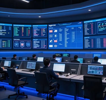 A wide shot of a futuristic command center with digital screens, illuminated by deep blue and royal blue ambient lighting, North American / US corporate setting.