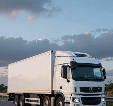 A sleek white logistics truck parked on a modern highway at dawn, the sky is a mix of light sky blue and dark slate blue, emphasizing reliability and efficiency.