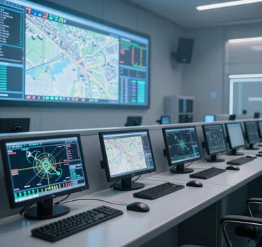 A high-tech control room interior with multiple glowing screens displaying digital maps and tracking data, illuminated by steel blue and mist white ambient lighting, professional and sophisticated atmosphere.