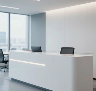A wide shot of a modern, clean, and professional corporate office reception or meeting room, emphasizing efficiency and transparency, soft natural lighting, incorporating #1F2A38 and #EBF2F7.