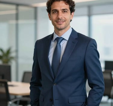 Portrait of a professional man in business attire representing Carlos Augusto Rosinelli, standing in a sleek modern office, conveying reliability and expertise, professional corporate lighting, colors #3E5C76 and #EBF2F7.