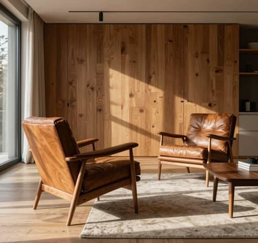A high-end Japandi living room interior with warm oak wood, leather armchairs, and mid-century modern furniture, soft natural sunlight streaming in, North American setting.