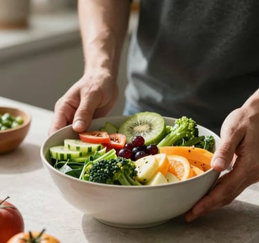 Photography of a person preparing a healthy bowl of fresh fruit and greens in a sun-drenched North American kitchen, medium shot, focusing on the vibrant colors and natural lifestyle.