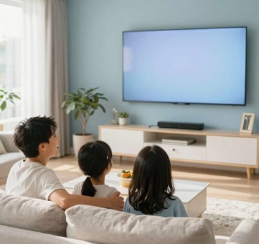 A happy family laughing together while watching a large screen in a modern North American / US living room. The room is decorated in soft sky blue and warm pearl white tones. Sunlight streams through a window, creating a bright, inviting atmosphere.