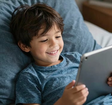 Close-up of a child smiling while holding a tablet in a cozy North American / US bedroom. The bedding features muted denim blue colors, and the lighting is soft and wholesome.