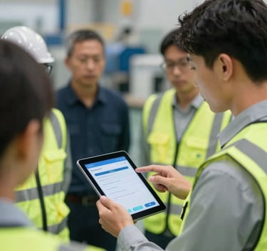 A safety consultant in a manufacturing plant demonstrating the use of a digital safety reporting tool on a tablet to a group of site managers. The atmosphere is efficient and professional.