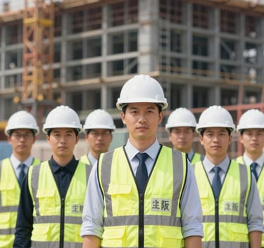 A professional group of health and safety officers wearing high-visibility vests and white hard hats standing confidently in front of a modern steel construction site. Clean, corporate, daylight lighting with a professional and reliable mood.