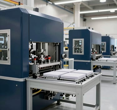 A high-end, wide-angle photograph of a modern industrial packing facility in Dubai. The scene is brightly lit with natural light, featuring machinery with dark navy blue accents and pale silver grey metal finishes. The environment is clean and sophisticated.