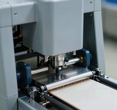 Close-up shot of a sophisticated automated food packaging machine in operation. The lighting is crisp, highlighting the polished pale silver grey surfaces and muted steel blue mechanical components.