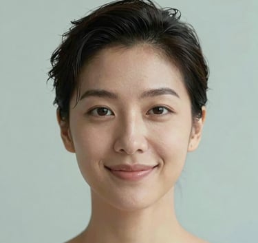 A sophisticated, high-end portrait of a person with a friendly and authentic expression. The composition is clean and minimalist, using a background of muted seafoam and pale mist.